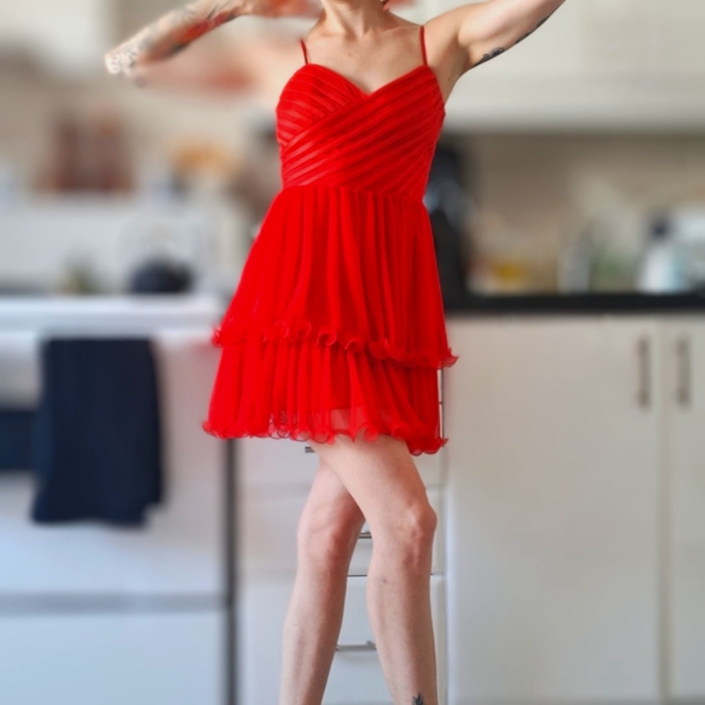 Guess Red Ruched Ruffled Mini Dress - Picture 3 of 4